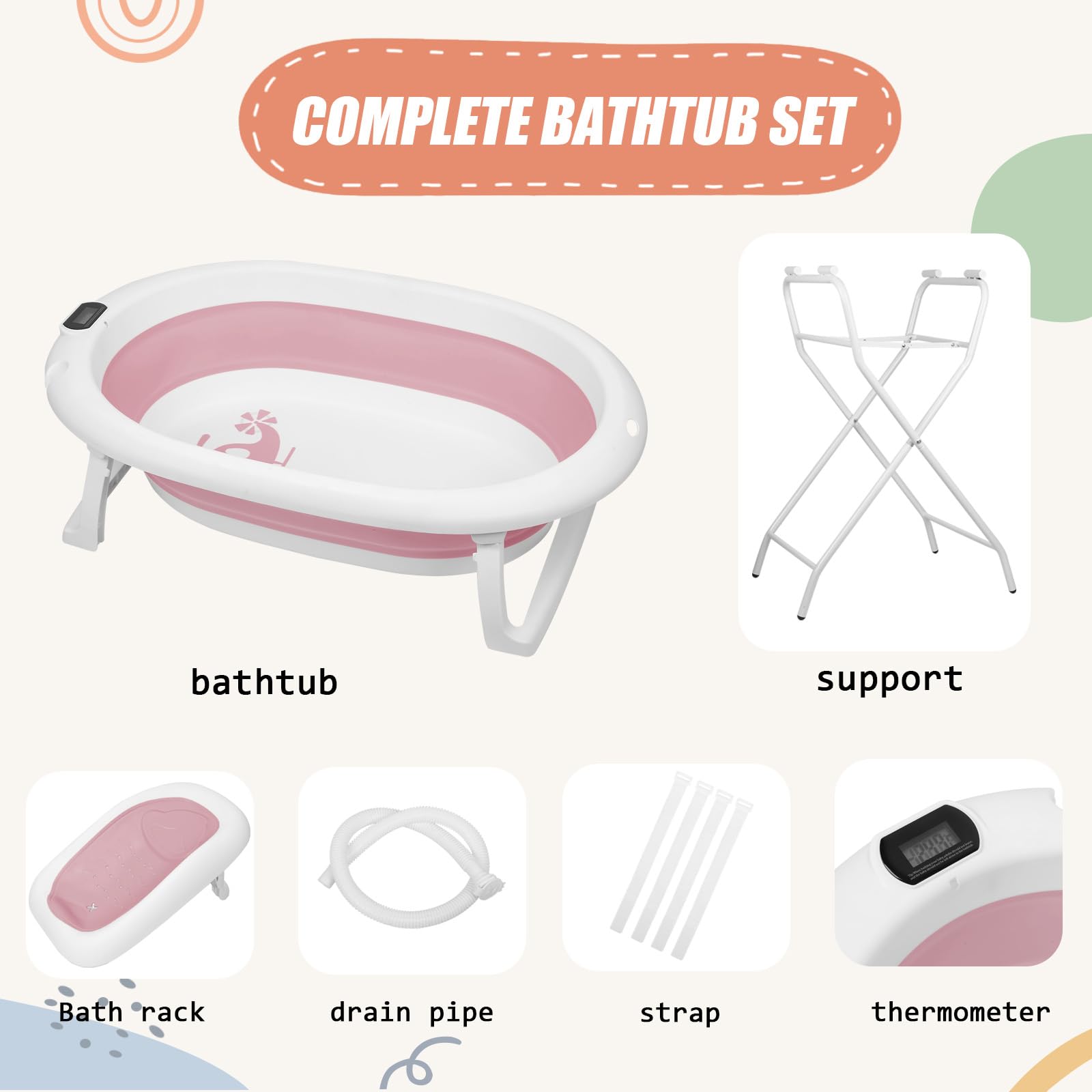 Mul-Bobutica - Bañera plegable para bebé, con soporte, termómetro 2.0, asiento y kit de drenaje, bañera de bebé sobre pie, apto para bebés de 0 a 3 años (rosa)