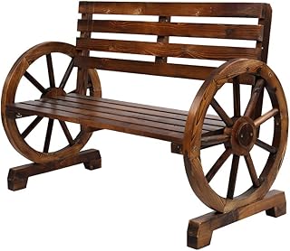 Outvita Wooden Garden Bench, Outdoor Rustic Wagon Wheel Bench with Armre...