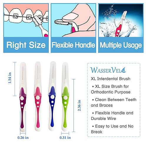 Miniatura 4 de 16 cepillos interdentales de ortodoncia de tamaño XL, 4 colores de mango, limpio entre dientes y frenillos, mango flexible y alambre duradero, fácil