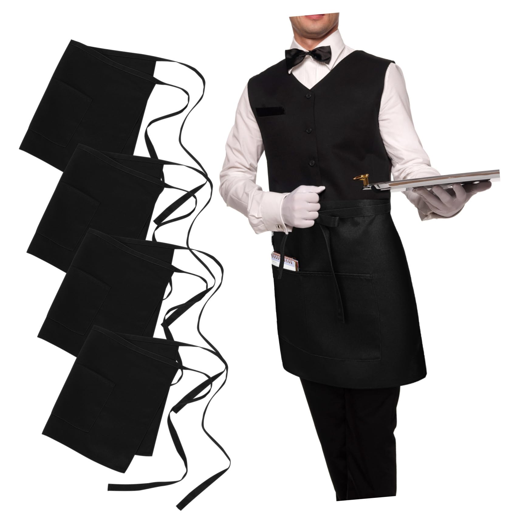 Cabilock 4 Pz Black Apron Nero, Grembiule da Cameriere Corto con Tasche, Regolabile, in Poliestere, per Ristoranti e Hotel