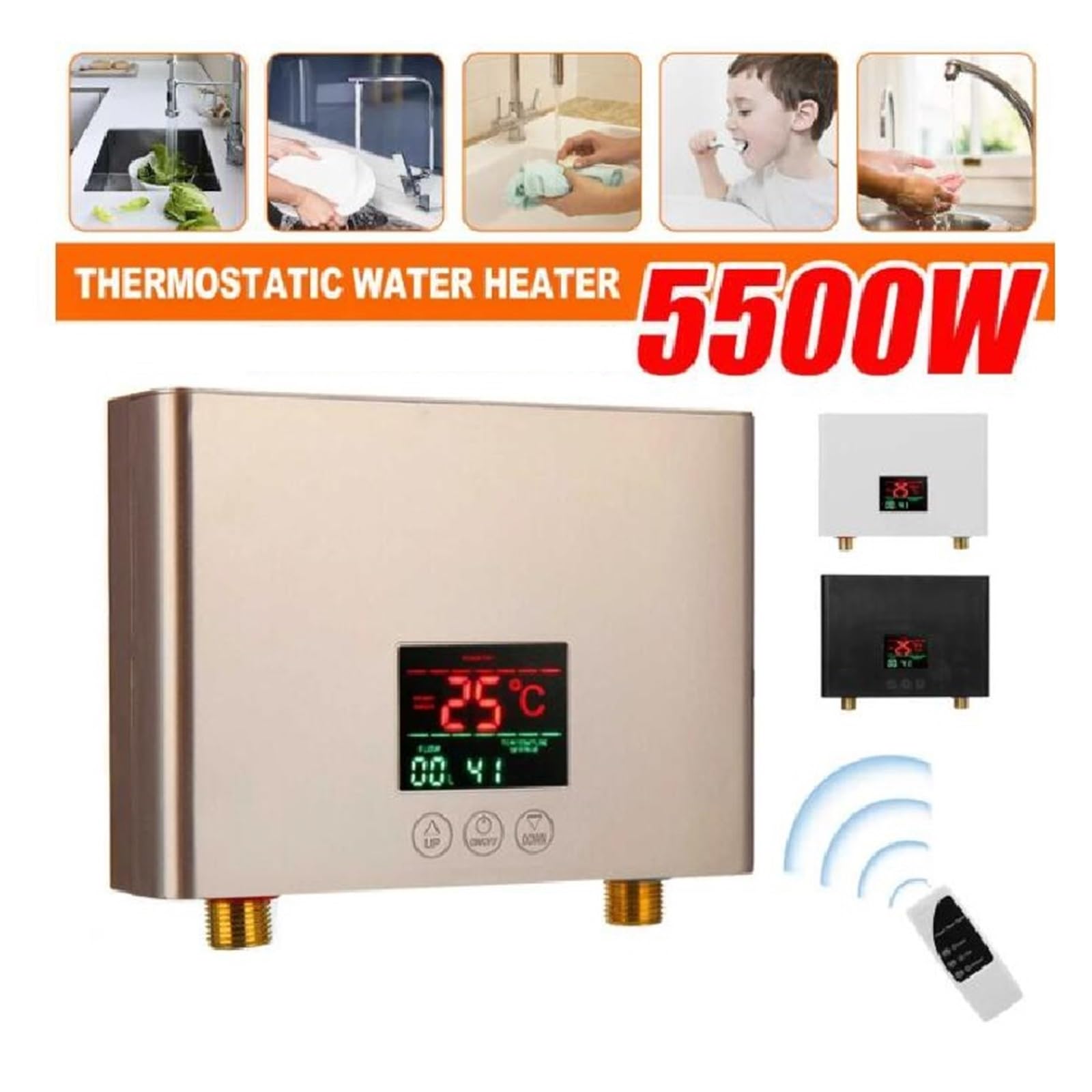 Elektryczny podgrzewacz wody przepływowy, 5500W Natychmiastowy Podgrzewacz Wody Łazienka Kuchnia Montowany Na Ścianie Elektryczny Podgrzewacz Wody Wyświetlacz Temperatury LCD Z Pilotem do prysznica, ł