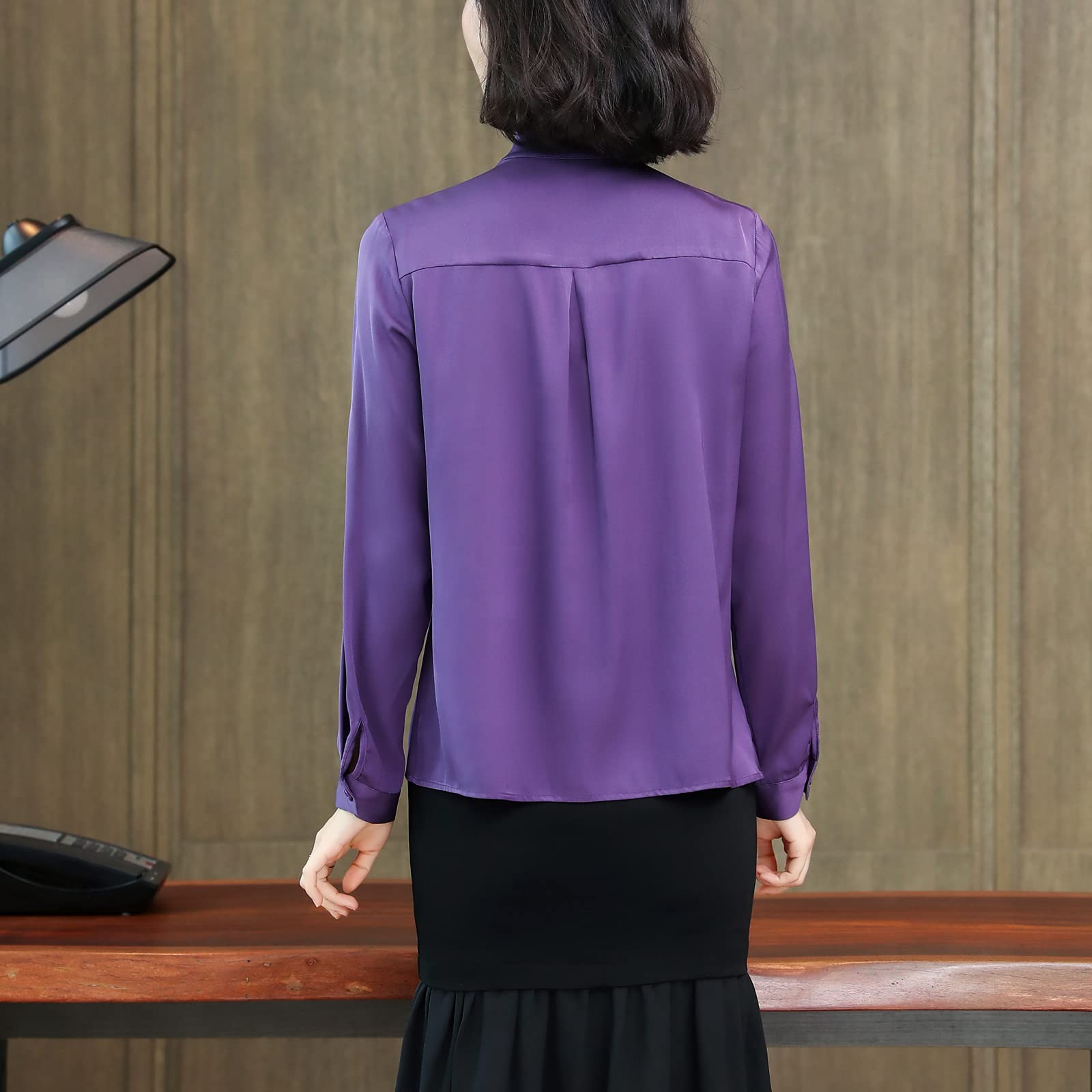 E-girl Blusa de seda para mujer, camisa de seda sólida, con botones, manga larga, cuello alto, blusa de seda, S3391