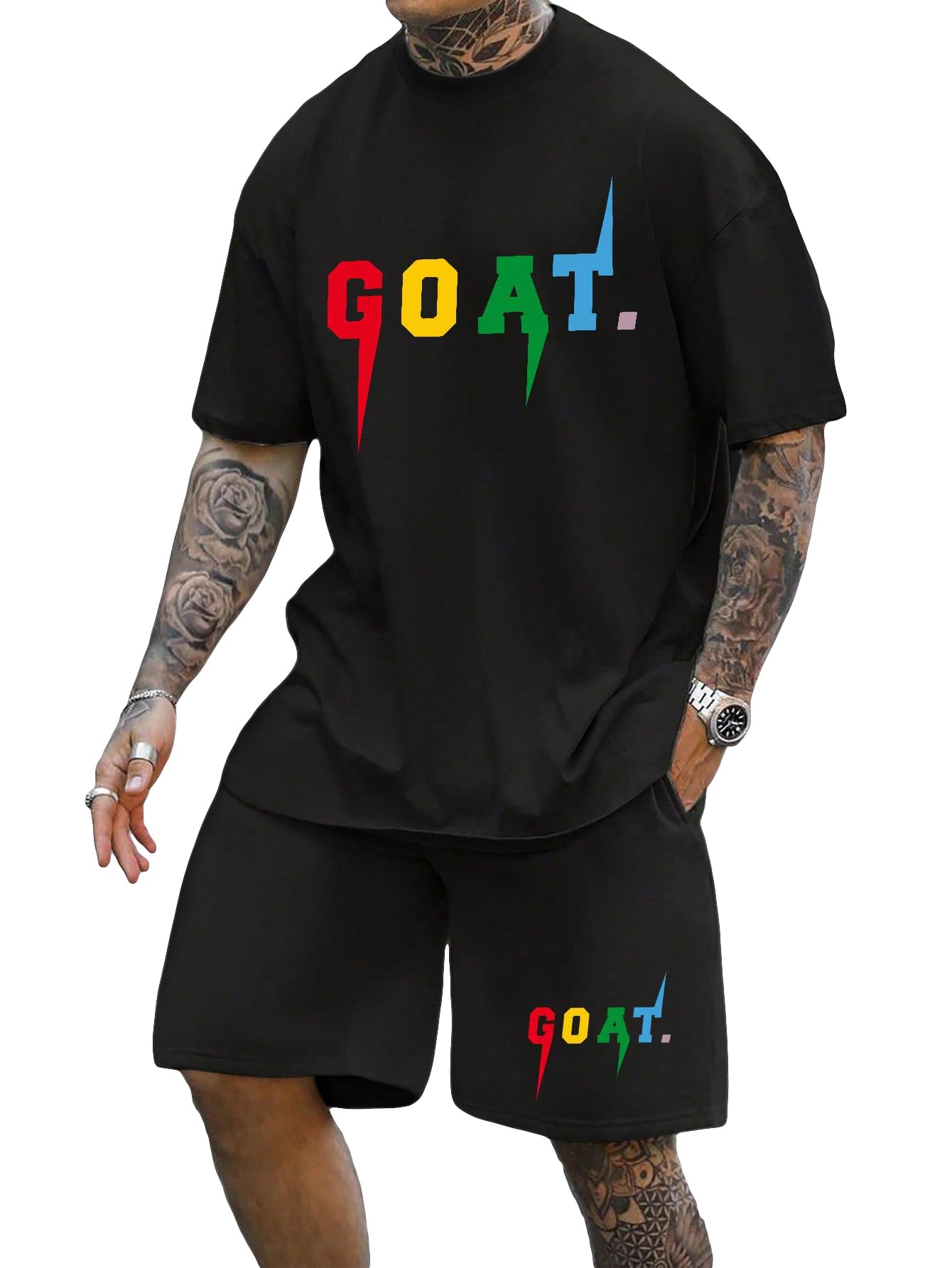 SOLY HUXMen's Letter Graphic Short Sleeve Tee and Drawstring Waist Track Shorts Set Casual 2 Piece Outfit