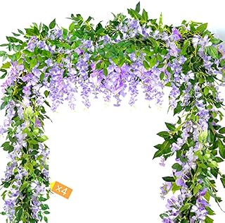 MOTONG Artificial Flowers Decoration, 4 Pcs (7FT/2M) Fake Flowers Wisteria Vines, Artificial Vine Garland Plants Arts For Ceremony Home Garden Wedding Party Decoration (4 Pcs Purple)