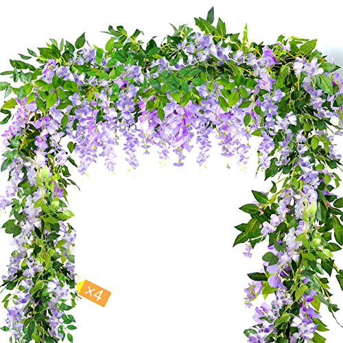 MOTONG Artificial Vine Flowers Decoration 4Pcs (8FT/2.5M/piece) Artificial Wisteria Vines Garland Plants Flowers Arts For Ceremony Home Garden Wedding Party Decors (4Pcs Purple)