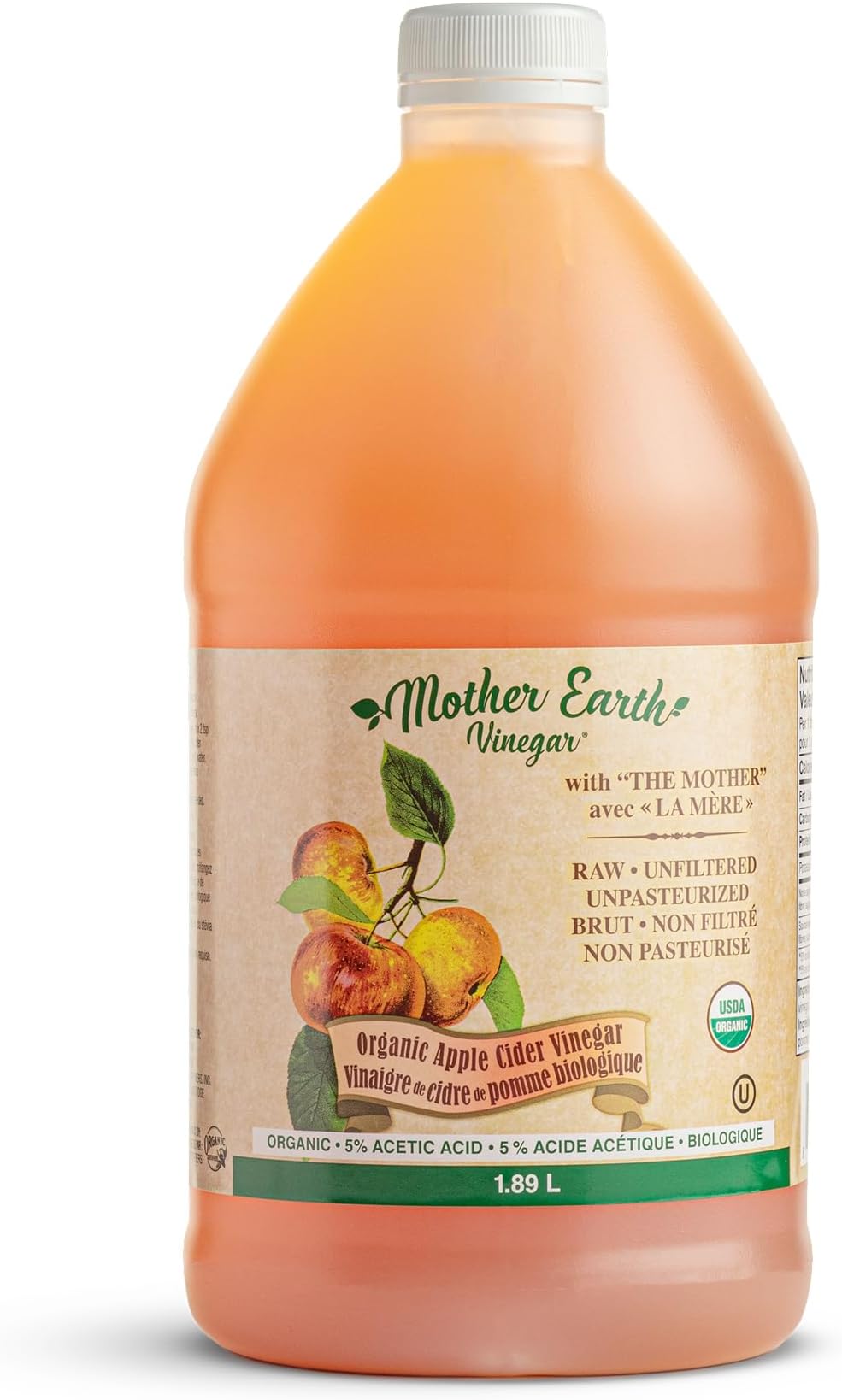 Mother Earth, Organic Apple Cider Vinegar with The Mother, Half Gallon, Fresh Pressed Organic Apples, OACV, ACV, Raw, Unpasteurized, Unfiltered (1/64oz Bottle)