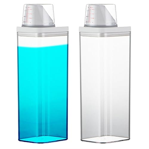Dispensador de detergente para ropa con taza medidora, paquete de 2 dispensadores de detergente líquido y polvo para lavandería, botella