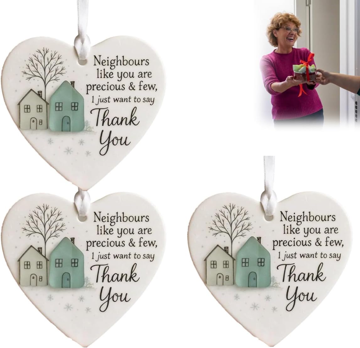 Thank You Neighbours Heart Shaped Christmas Ornament, Sea Glass Friendship Ornament for Christmas Tree Decorations, Appreciation Gift for Neighbor, House Warming New Neighbor Welcome Gift (3PC)