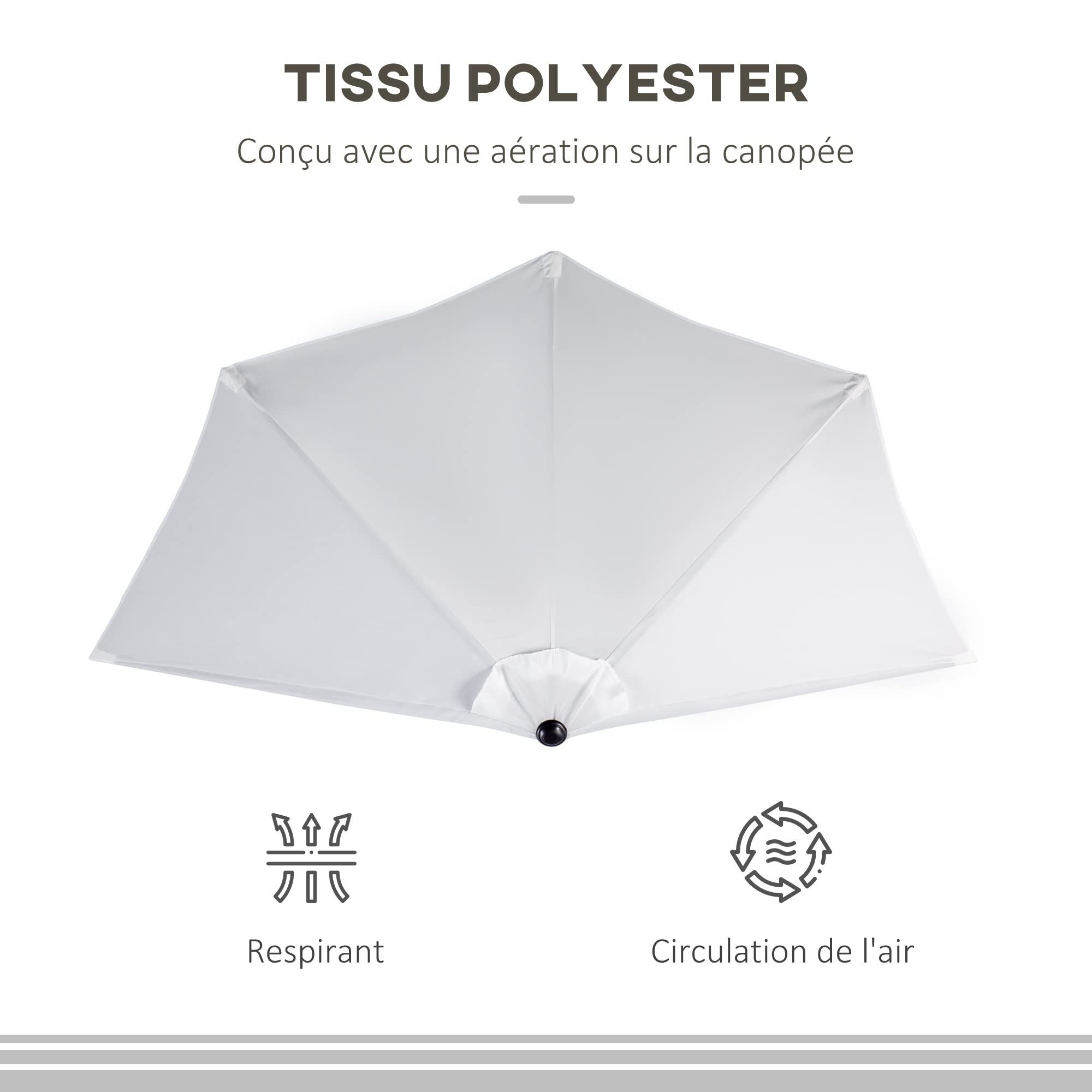 Outsunny Demi-Parasol Ø 2,6 m, parasol de balcon 5 entretoises acier polyester crème