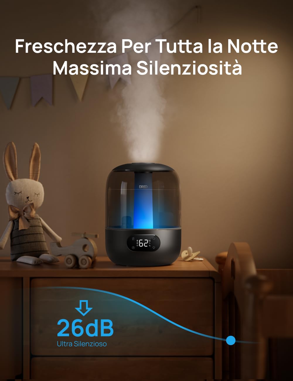 Dreo 3L Umidificatore Ambiente Bambini Silenzioso 26dB, Ultrasuoni Nebbia Fresca, Ugello 360°, 30h Autonomia, Diffusore Oli Essenziali, Luce Ambientale, per Casa e Piante, Nero