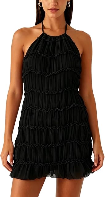 Womens 2025 Summer Halter Chiffon Pleated Mini Dress Sleeveless Sundress for Beach Vacation Party
