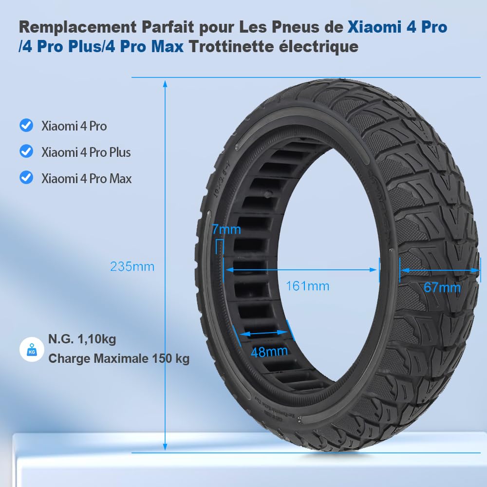 10x2,5-7 Pneu Plein pour Xiaomi 4 Pro/4Pro Plus/4Pro Max Trottinette électrique Pneu de Rechange Complet en Nid d'Abeille - Antidérapant
