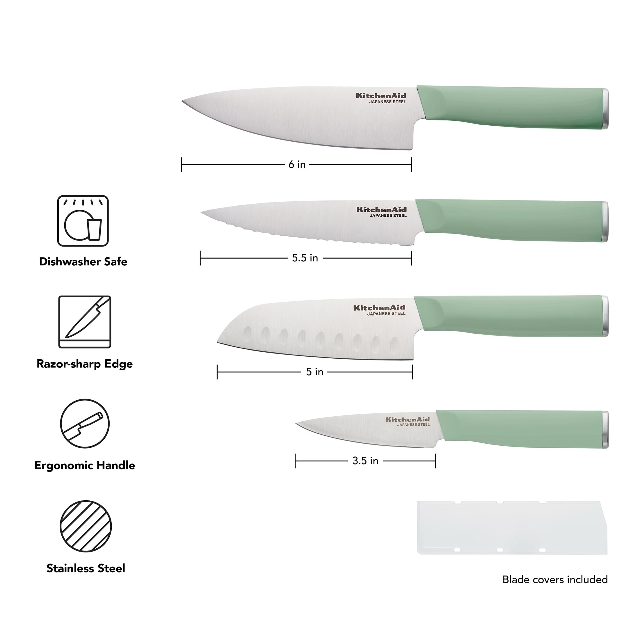 KitchenAid Chef Set with Custom Fit Covers, Sharp Kitchen Knife, Japanese Stainless Steel Blade, 4 Piece, Pistachio — Amazon image 6