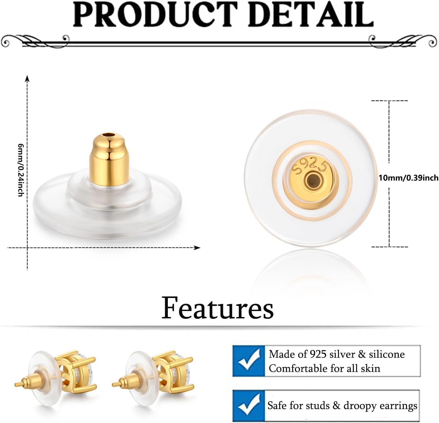 6 PCS 14K Gold Locking Earring Backs for Studs Droopy Ears Heavy Earrings, 925 Sterling Silver Hypoallergenice Earring Backs Replacements for Women Men (Gold) - Image 4