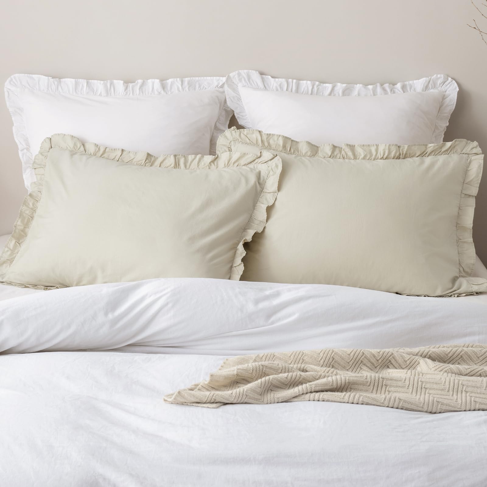 phf 100% washed cotton ruffle pillowcases standard size, 2 pack 20" x 26" pillow shams, no insert, ultra soft cotton pillow cases,decorative farmhouse bedding, tofu