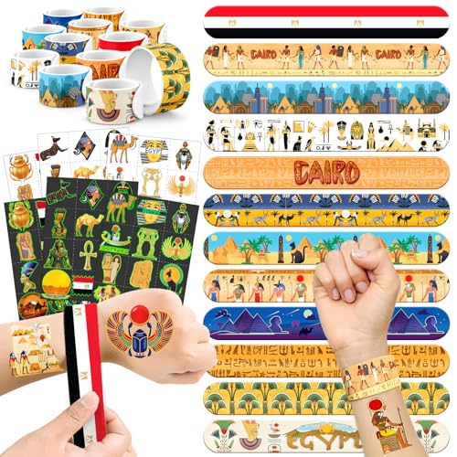 96 PCS Ancient Egypt Party Favors Set – 72 Pre-Cut Temporary Tattoos & 24 Slap Bracelets, Perfect for Egyptian-Themed Events, Travel-Inspired & Ancient History Gifts