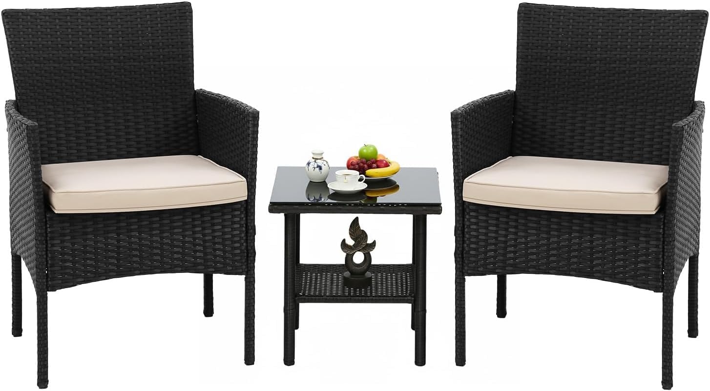 A Set of Three-piece Furniture, Rattan Chairs and A Glass Coffee Table, for Use in The Courtyard and Garden.(Black and Khaki)