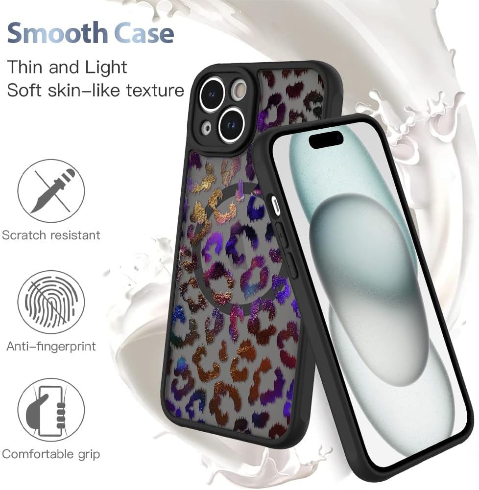 AIGOMARA Case for iPhone 15 Plus [Compatible with MagSafe] Purple Gold Leopard Pattern Design for Women Girls Men Soft TPU Bumper Hard PC Back Anti-Fall Shockproof Protective Slim Magnetic Cover