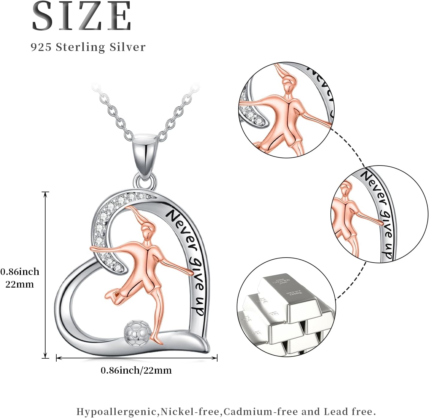 Sports Necklace 925 Sterling Silver Heart Pendant Necklace Never Give Up Jewelry Graduation Gifts for Women Sports Lovers - Image 4