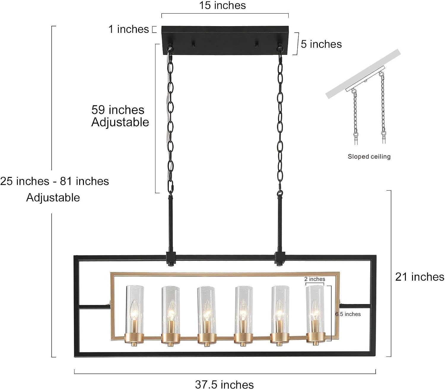 KSANA Black Gold Chandeliers Modern 6 Light Kitchen Island Lights with Glass Shade Rustic Farmhouse Linear Chandelier Light Fixture for Dining Room Living Room Bedroom Hallway, 37.5" Inches