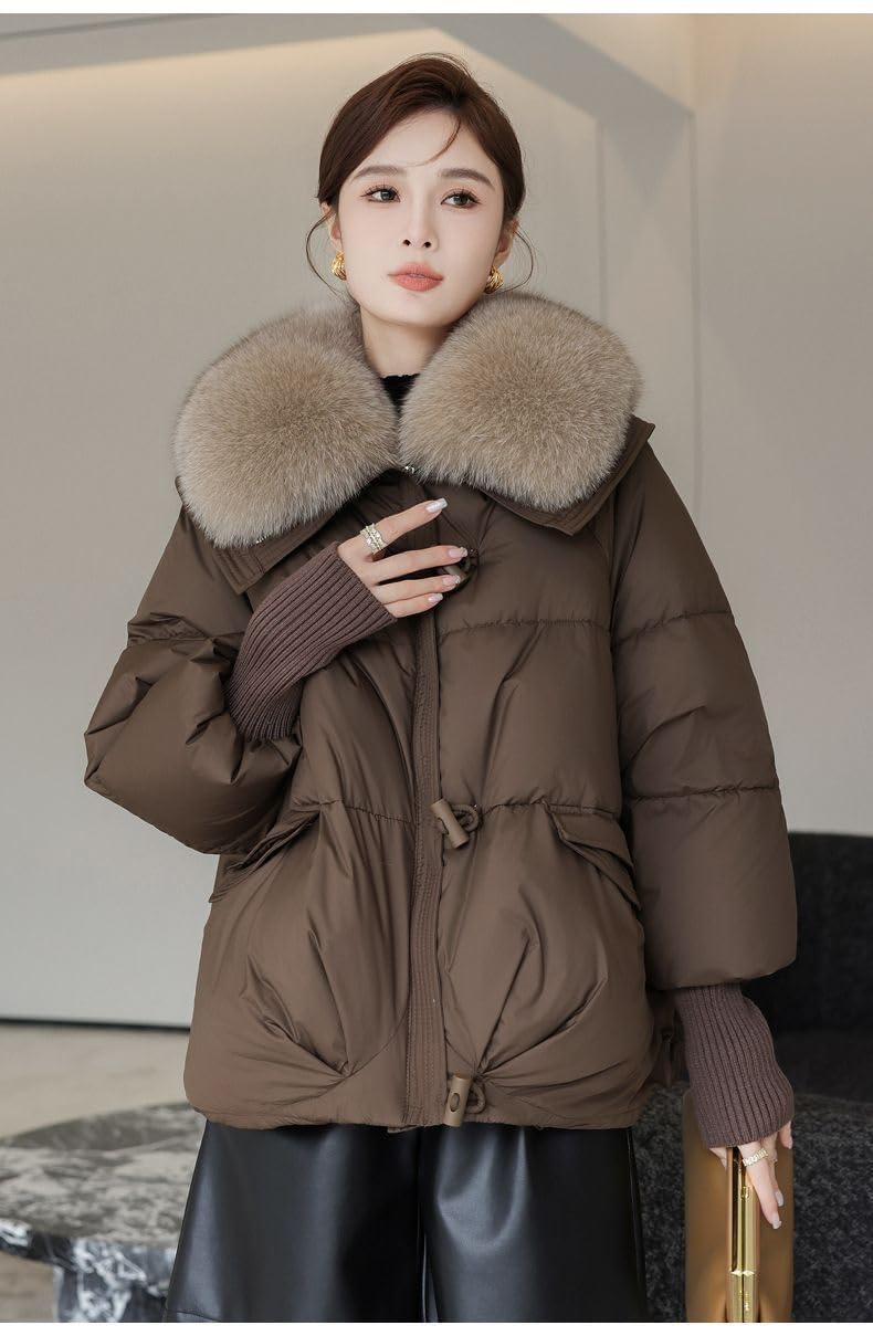 Donna Inverno Grande Collare Peloso Ispessito Piumino Corto Ispessito Parka Maniche a Maglia Sciarpa Cappotto Vento Neve Giacca Invernale Caldo Imbottito