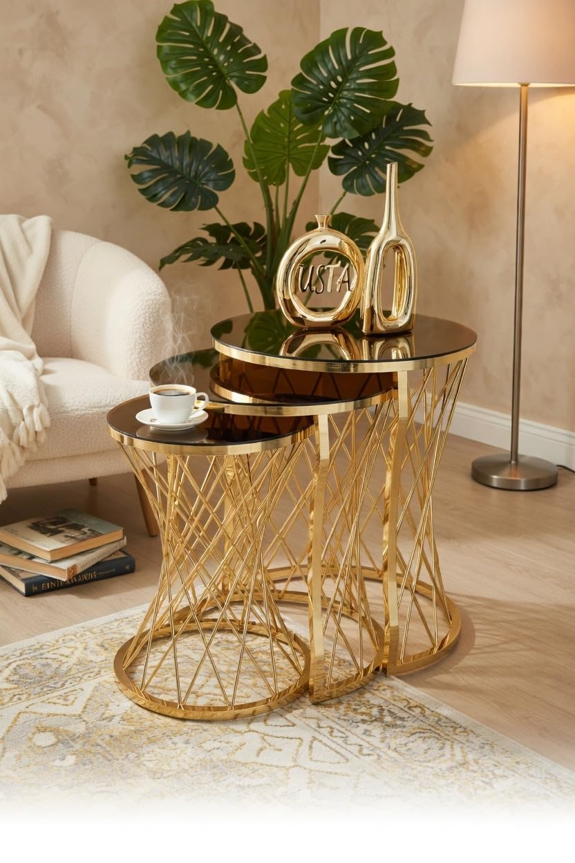 Dubrilux Nest Of Coffee Tables Set Of 3 Pieces, Round Sofa End Nesting Side Stacking Table Gold/Chrome Metal Frame & Tempered Glass Top, For Living Room (Canaria)