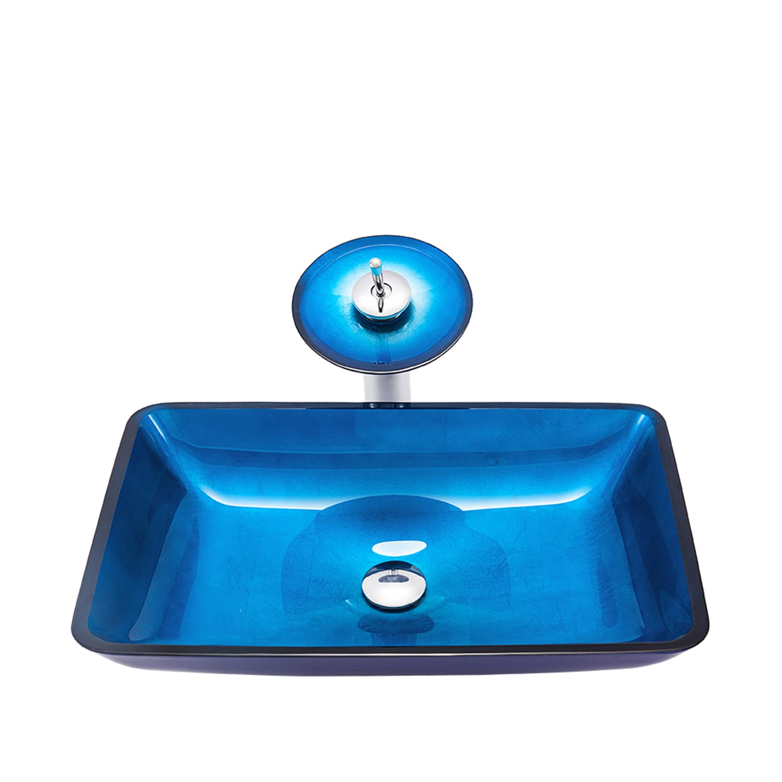 Vasque en verre trempé bleu rectangulaire anti-traces avec robinet cascade sans éclaboussures