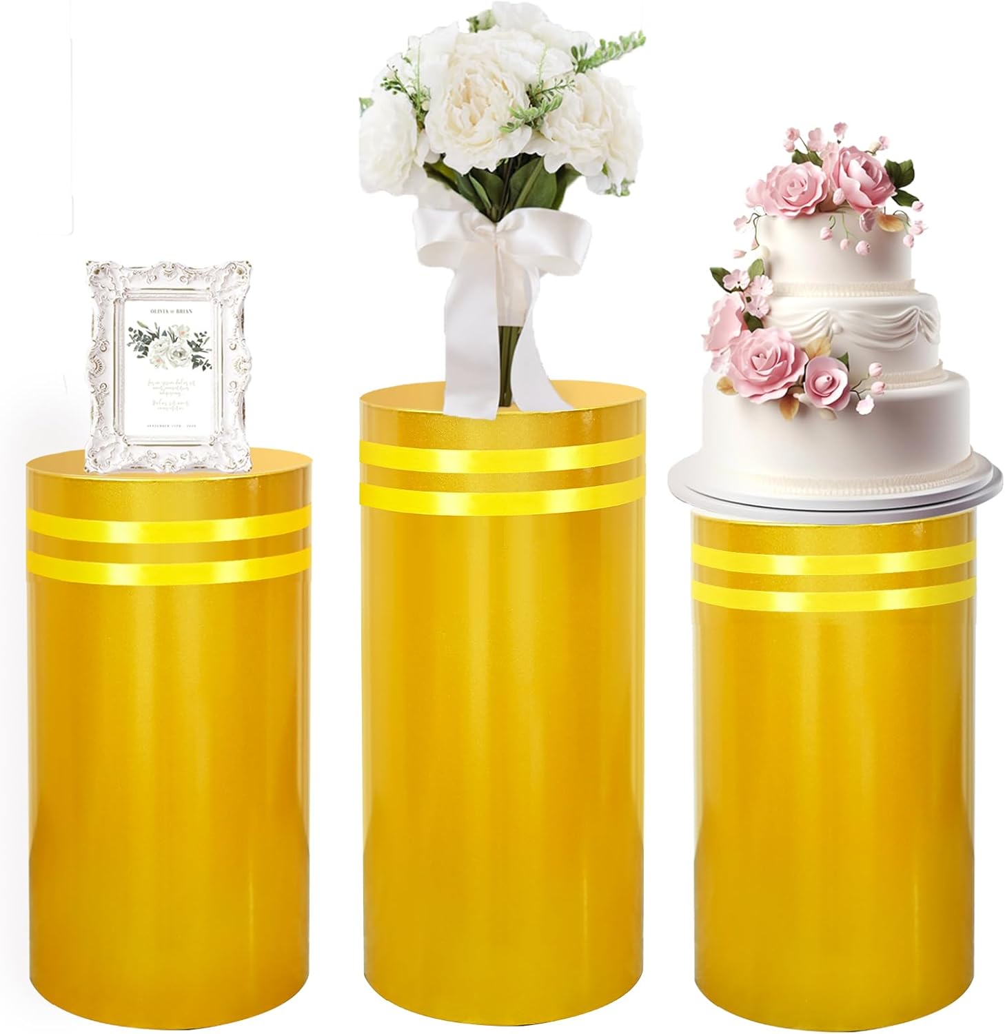 TimemoryUS 3PCS Gold Cylinder Stands for Party, Metal Round