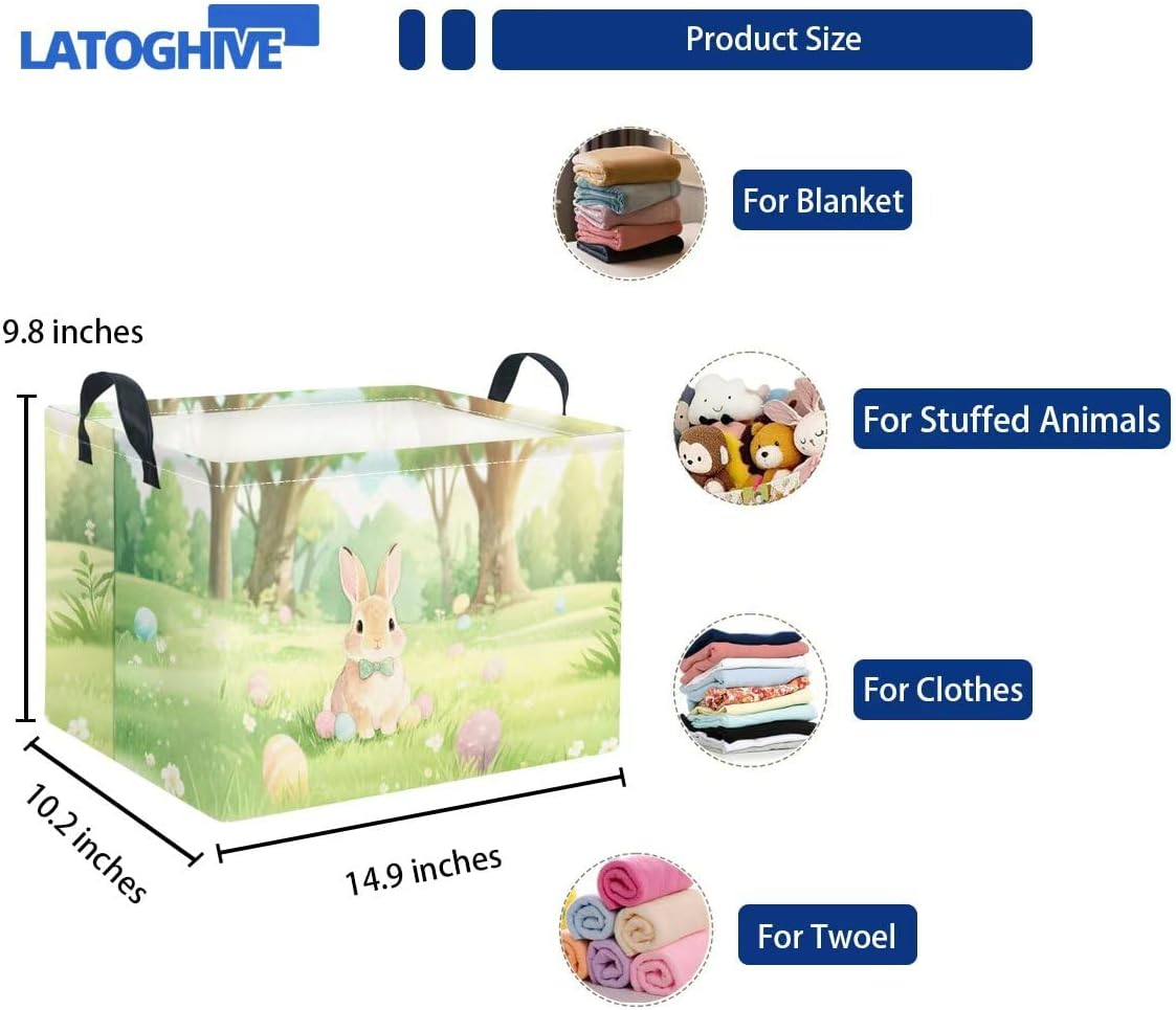 Rectangular Easter Basket Waterproof Storage Bin for Bedroom Collapsible Bin Books Box Basket Room Decor(Easter Bunny) image 2