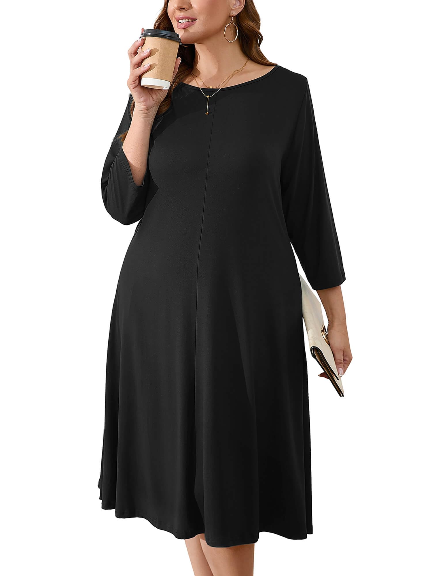 AusLook Women's Plus Midi Dresses Crew Neck A Line 3/4 Sleeves Casual Elegant Loose Wedding Vacation Dress with Pockets