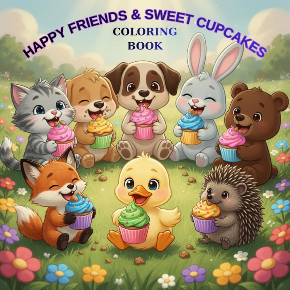 Happy Animal Friends & Sweet Cupcakes: Adorable Animal Coloring Book with Cupcakes and Sweet Treats | Perfect for Toddlers, Preschoolers & Ages 3-8