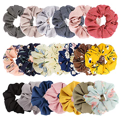 20 Pcs Floral Plaid Solid Color Scrunchies, Scrunchies For Girls With Bow, Scrunchies For Women With Chiffon, Bow Scrunchies For Women Bulk, Hair Scrunchies For Women's Hair #TOP6