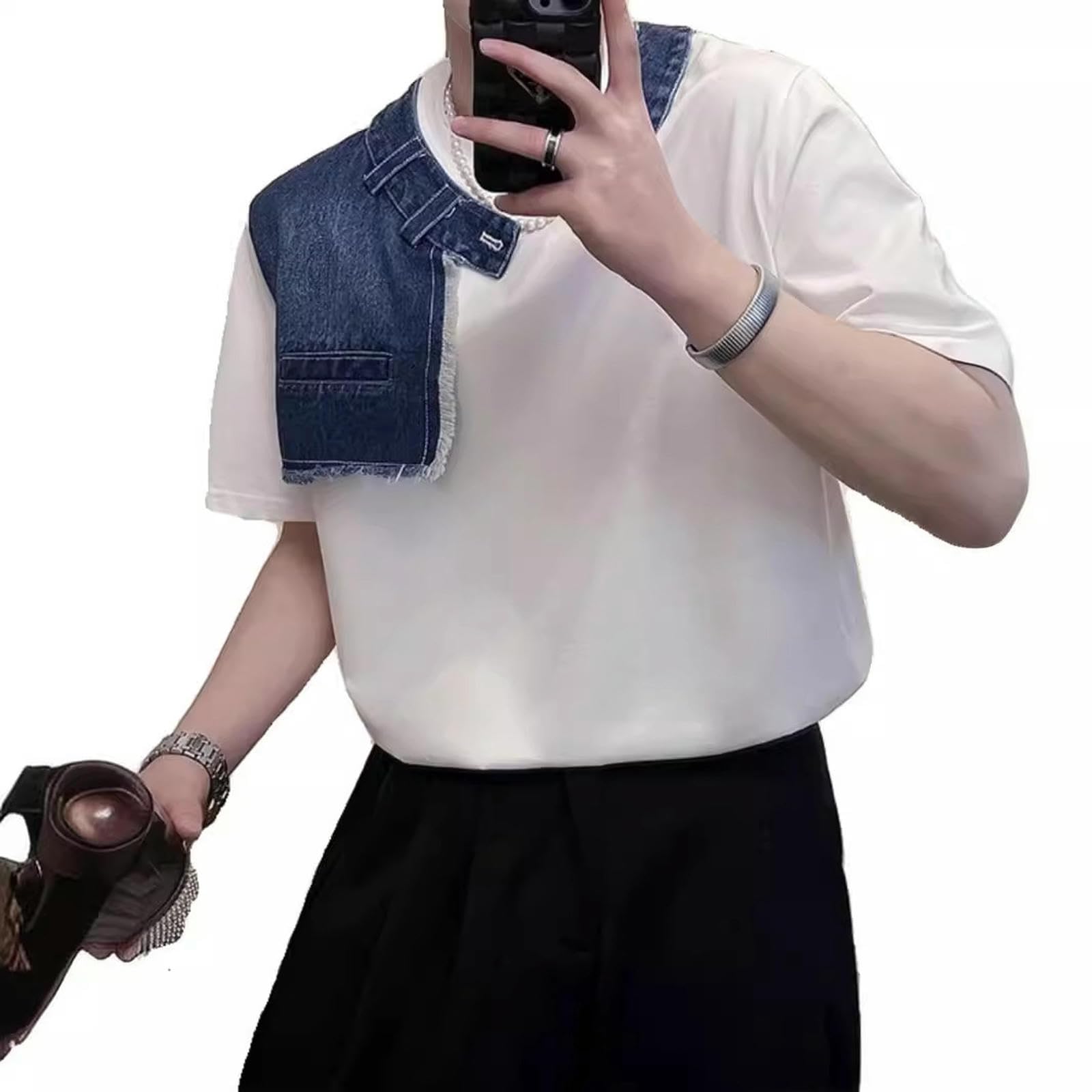 Maglietta Uomo Maglione alla Moda da Uomo A Maniche Corte, Estivo, con Cuciture in Denim, Scollo Rotondo, Morbido E Confortevole, Maglietta Attillata-bianco-3xl