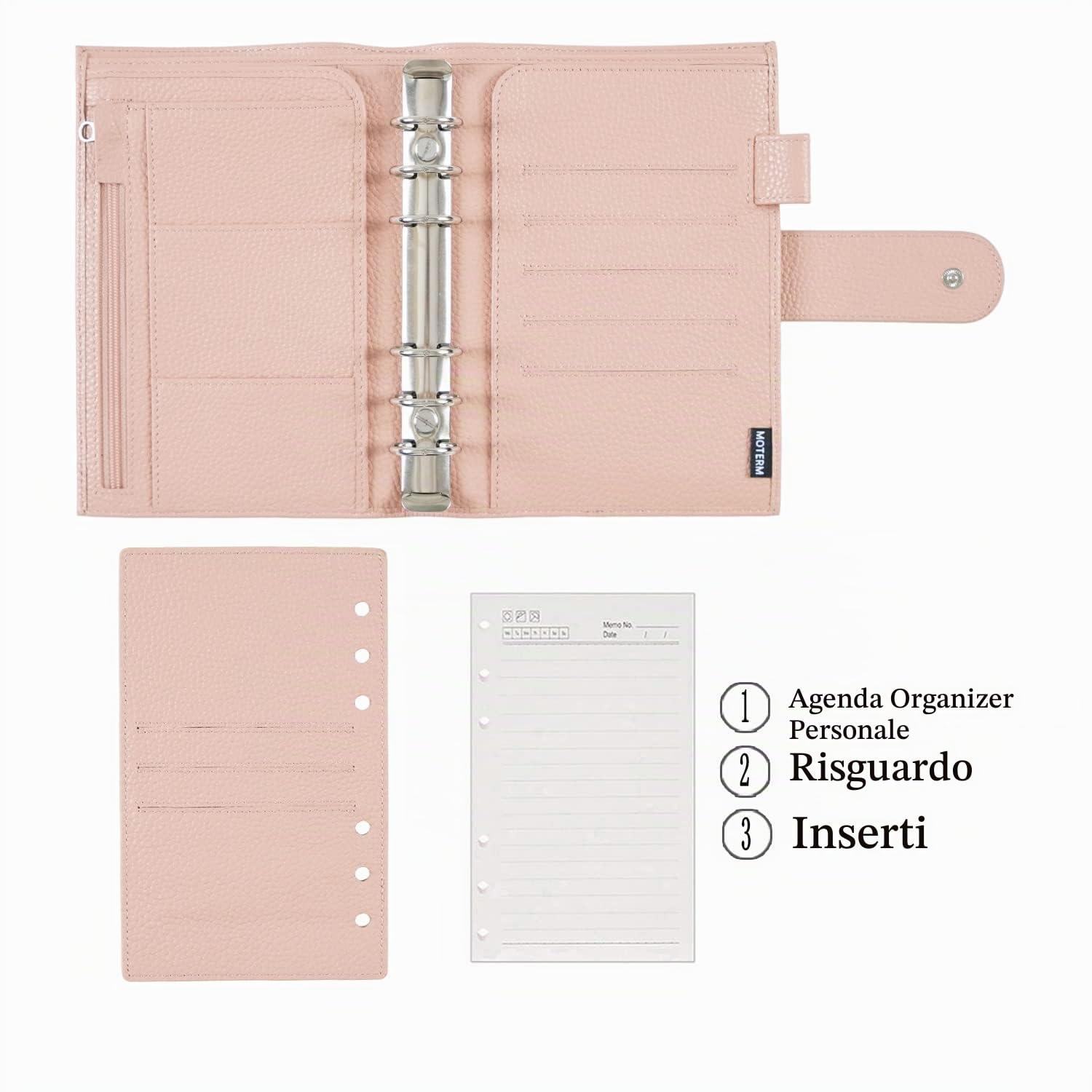 Moterm Agenda ad anelli personale Regular 2.0 Rings – Organizzatore in vera pelle (ciottoli rosa in polvere, anelli da 25 mm)