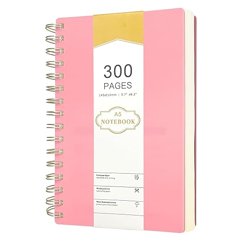 A5 Notebook Spiral Bound 300 Pages Hardback Note Book a5 Lined Wirebound Spiral Notepad for Writing Journal Note Pads for Women Men Work Office School,100gsm Thick Paper,PVC Pocket,14.5 x 21cm (Pink) - Pink