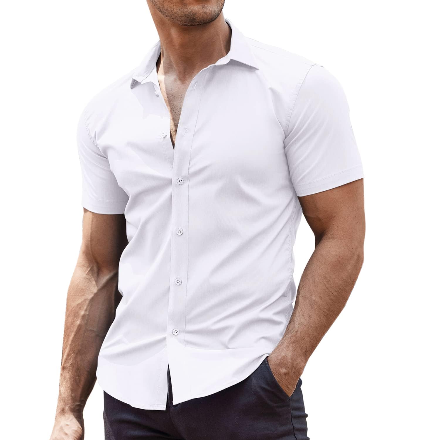 COOFANDY Men's Muscle Fit Dress Shirts Wrinkle-Free Short Sleeve