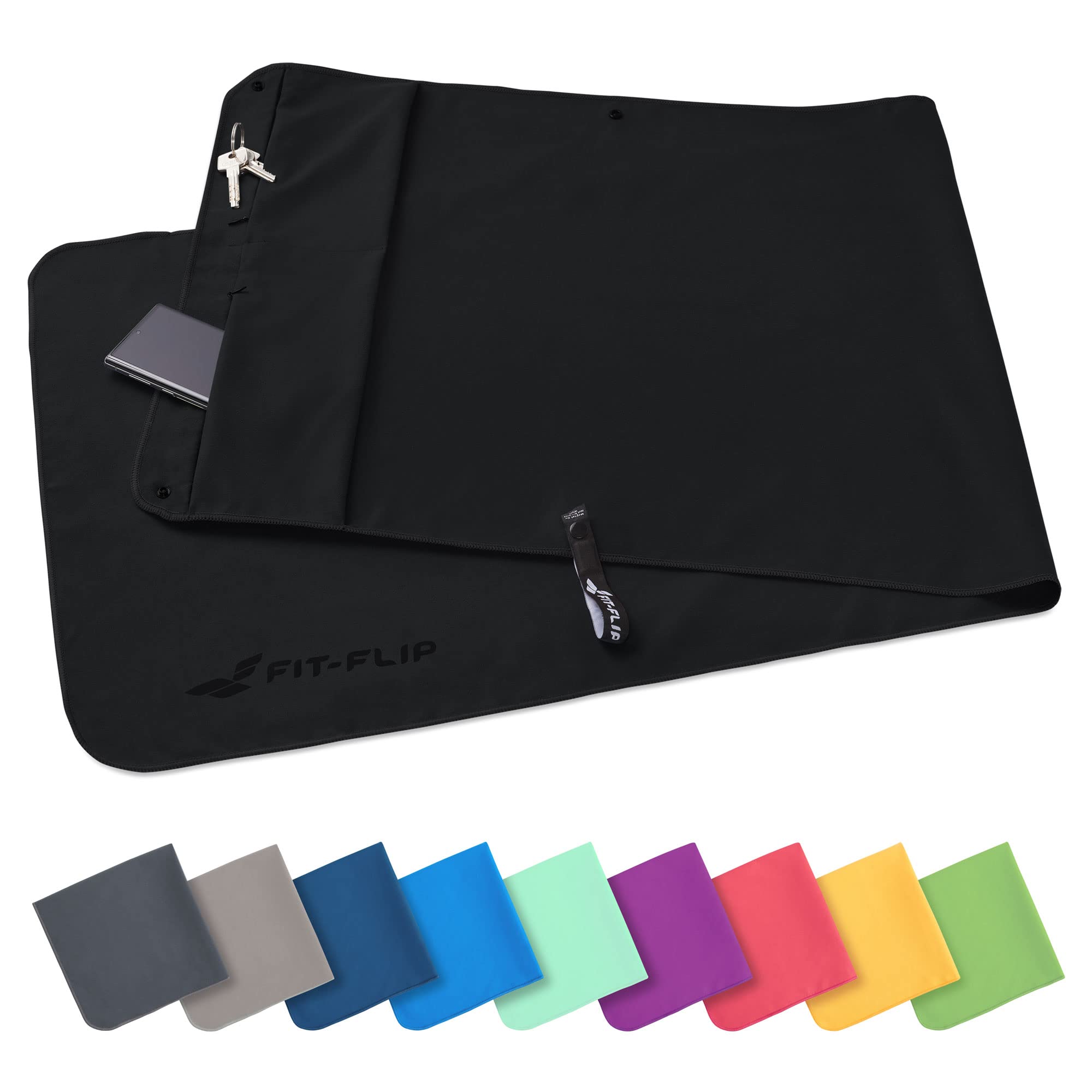 Fit-Flip Asciugamano Sportivo con Scomparto a Cerniera e Clip Magnetica - Telo in Microfibra - Compatto e ad Asciugatura Rapida - Accessori da Palestra uome e Donna