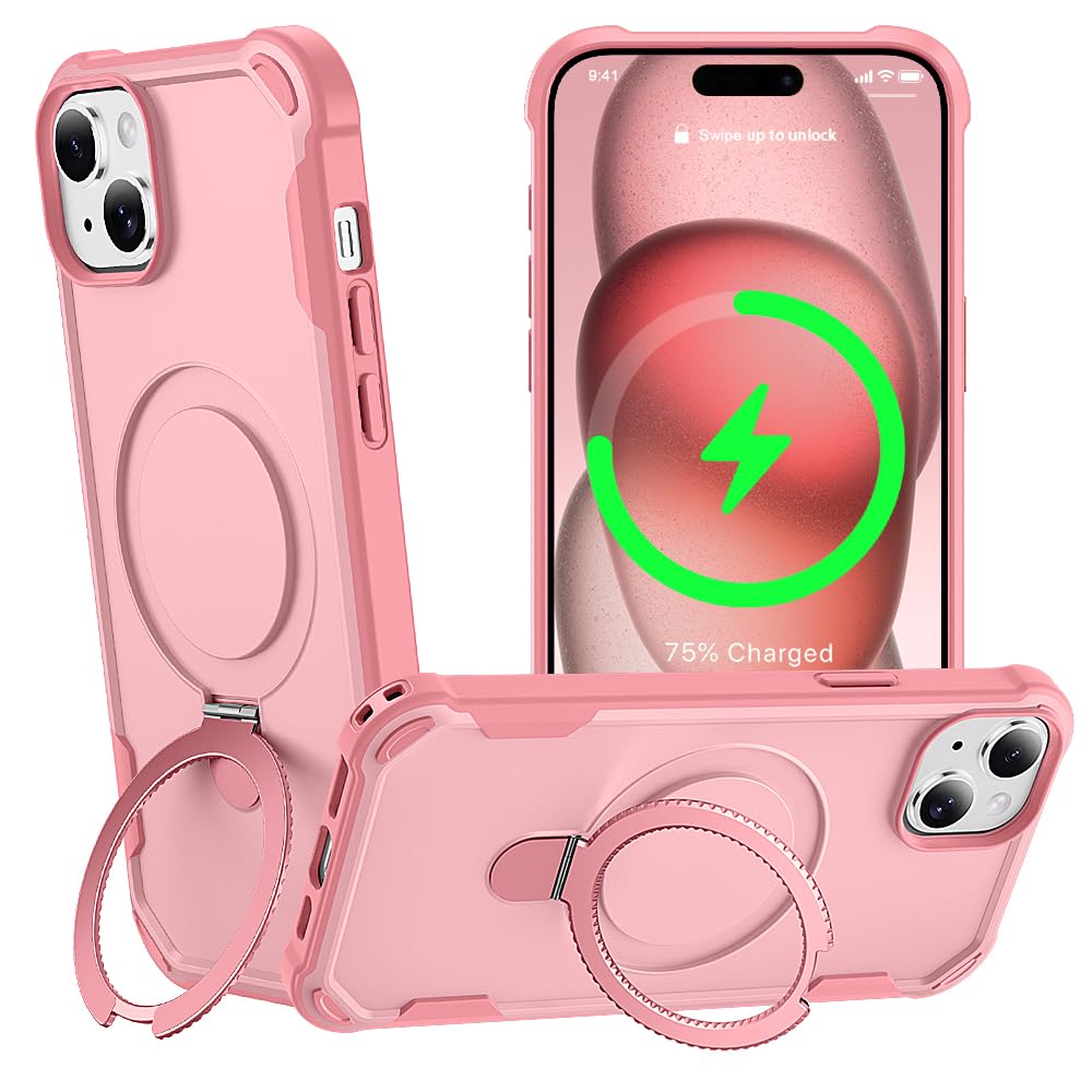 Photo 1 of CHAOFEnG Designed for iPhone 15 Case with Magnetic Stand [Military Drop Protection][Compatible with Magnet] Shockproof 15 Phone Case with Ring Holder, Pink