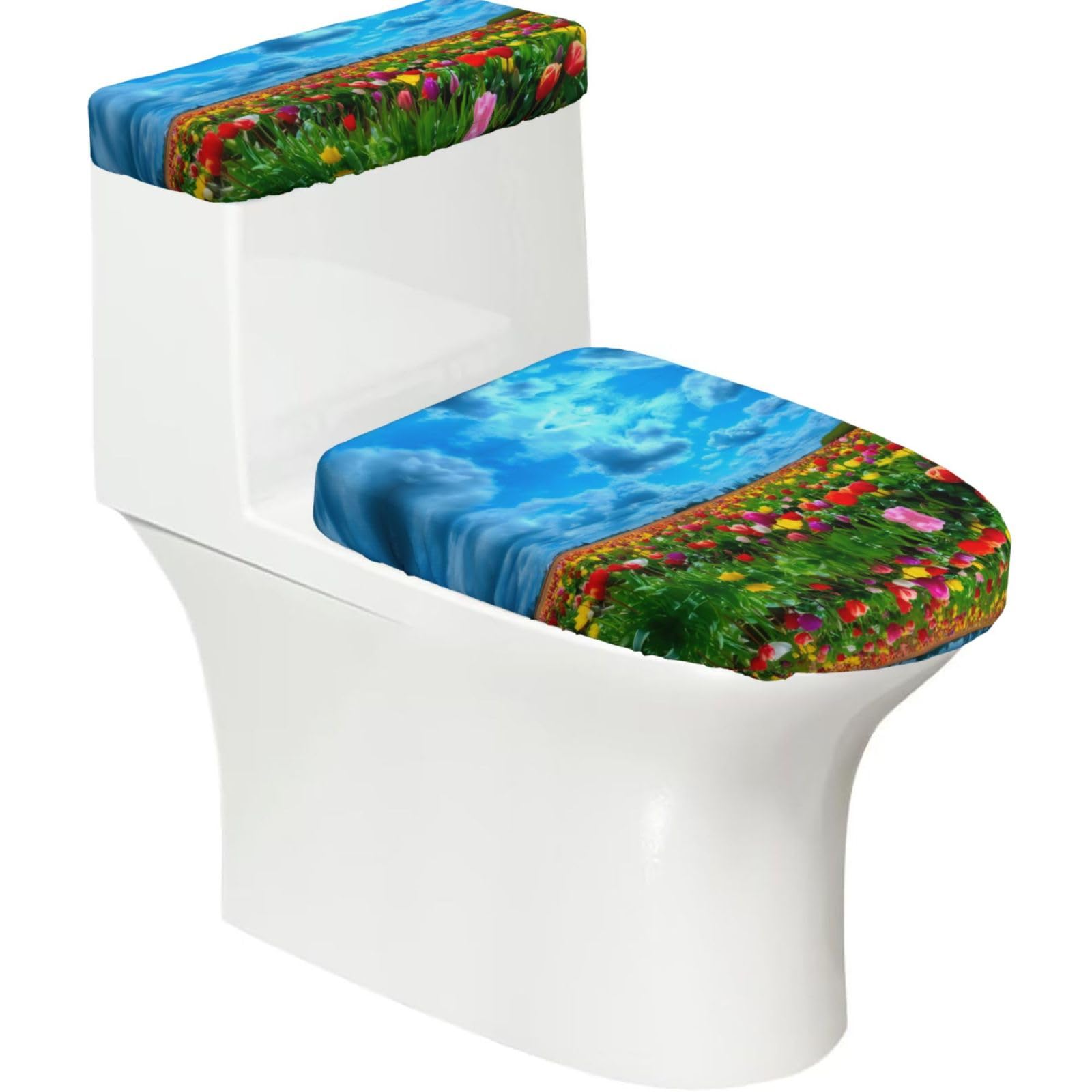 Wzycwb Black Sky And Flower 2-Piece Toilet Seat Cover Set With Tank Lid, Elastic Fit For U-Shape & Elongated Toilets, Bathroom Decor, Housewarming Gift