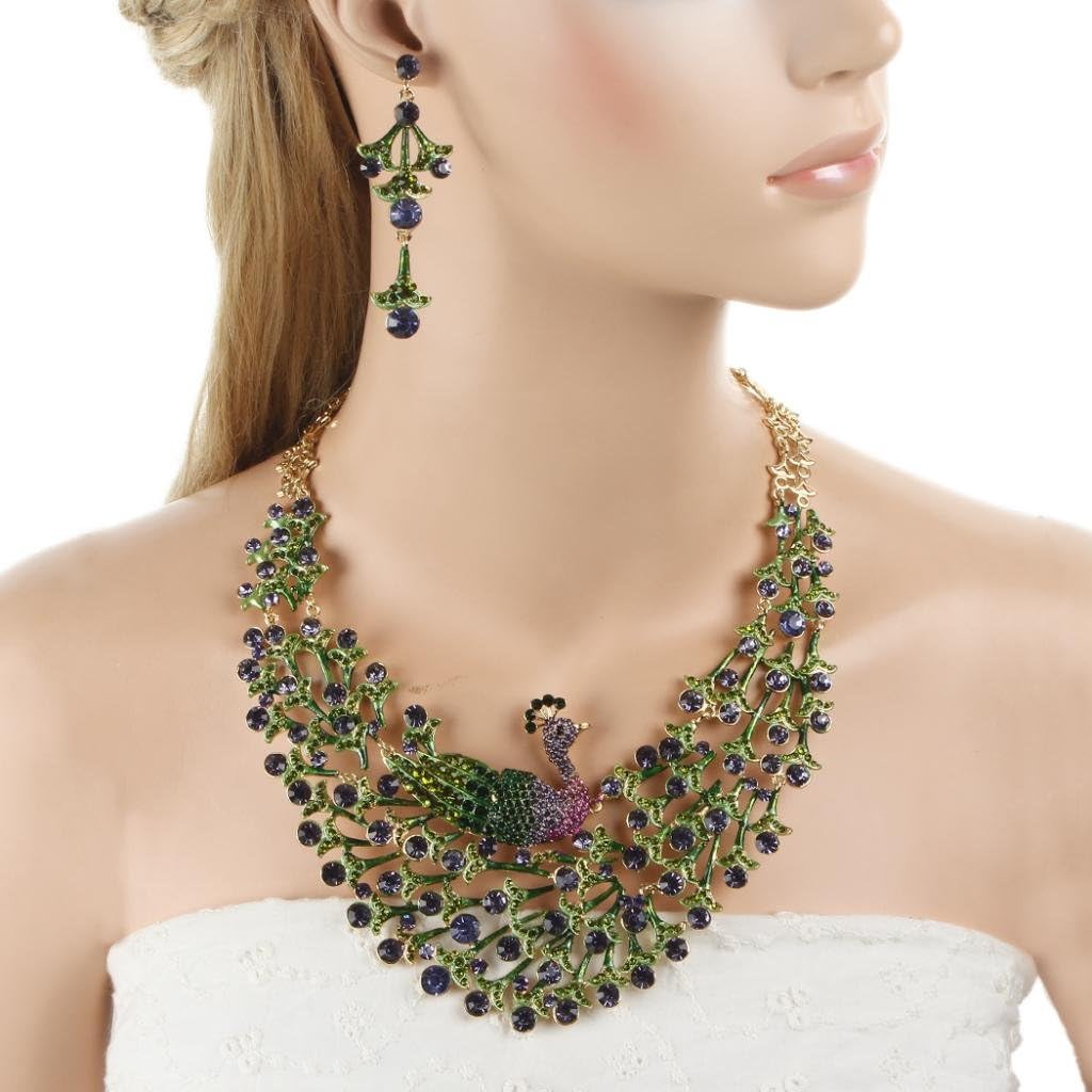 EVER FAITH Women's Austrian Crystal Enamel Peacock Statement Necklace Earrings Set Gold-Tone