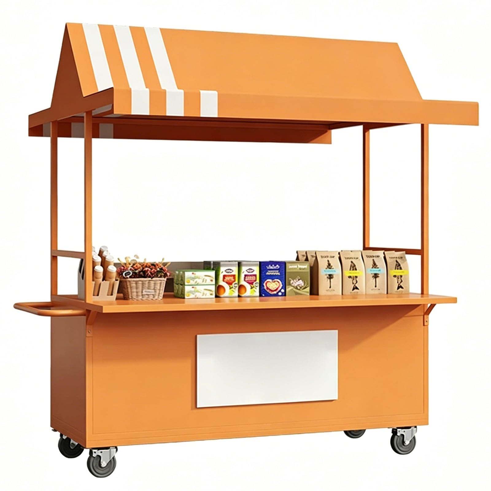 Food Vendor Cart, Market Stand with Canopy, Iron, Handrail, Lockable Wheels, for Market, Street Food & Pop-Up Events(Orange,120cm/47in)