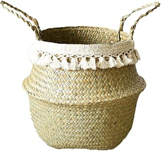 Woven Basket Seagrass Flower Pot Plant Belly Basket Storage Organizer Foldable with Handles White Tassel for Planting Home Decoration Laundry Style1 Woven Basket