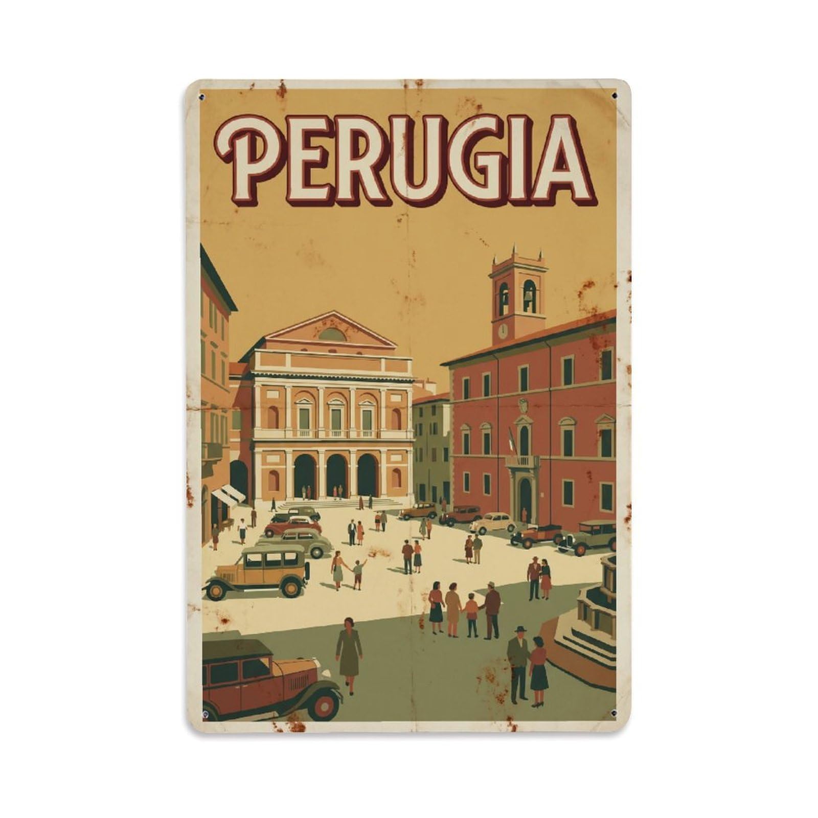 Vintage Travel Perugia Piazza Morlacchi Italy Metal Tin Sign Plaque Wall Decor for Cafe, Club Bar, Office, Home Garden Metal Poster 8x12Inch