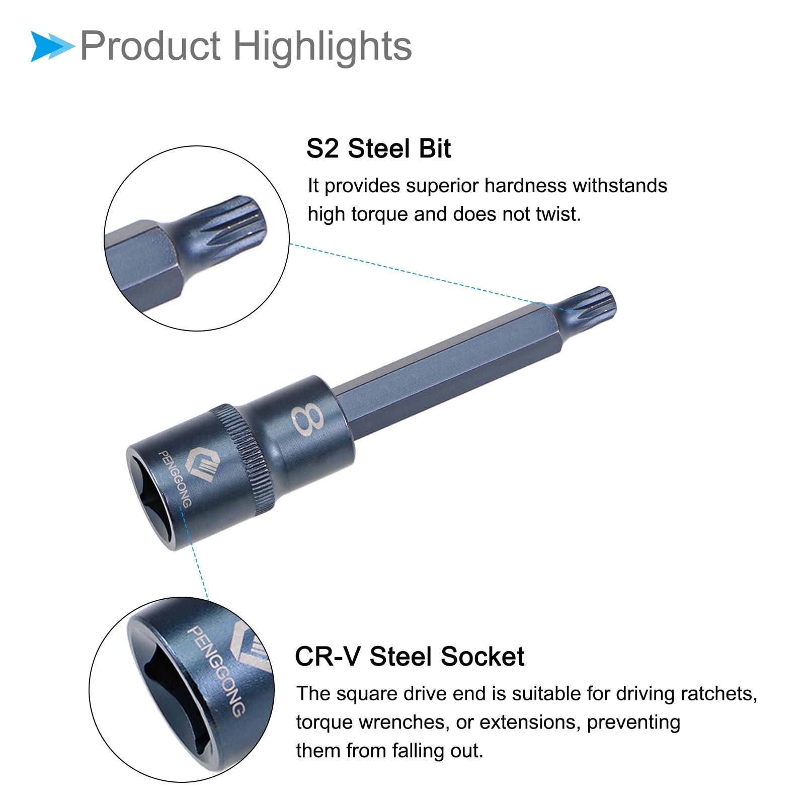 CoCud Triple Square Spline Bit Socket, M8 Bit 1/2" Drive 4" Length, Star S2 Alloy Steel Cr-V Socket Blue - Image 4