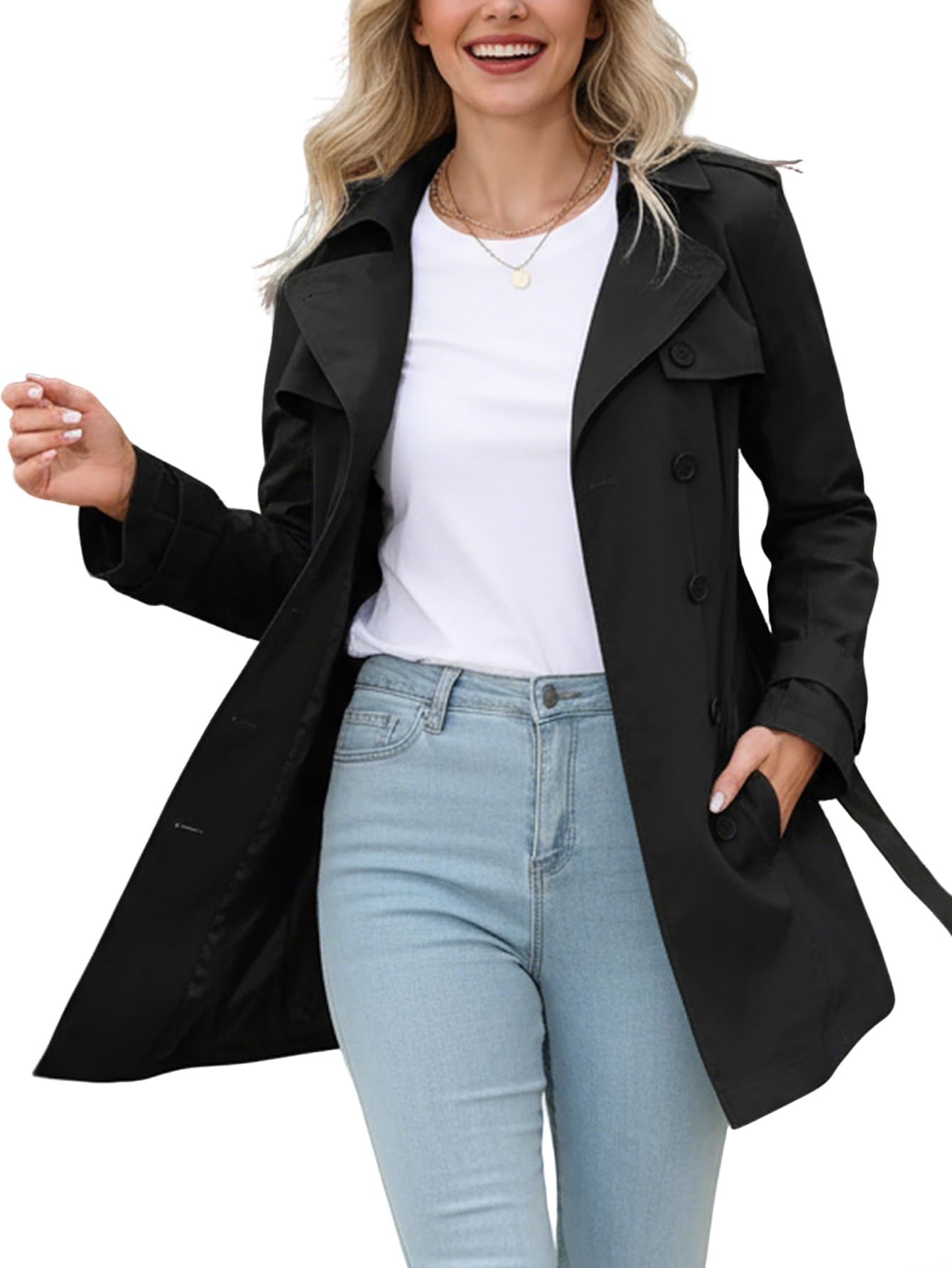Womens Trench Coat Double-Breasted Lapel Windproof Classic Overcoat Slim Outerwear Coat with Belt