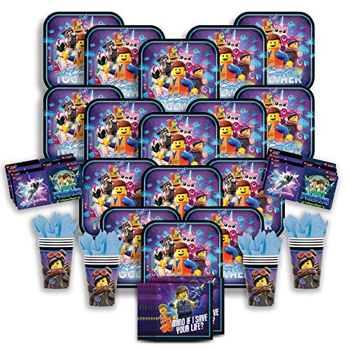 Party Pack Bundle - The Lego Movie 2 Bundle Seats 16: Napkins, Plates, Cups and Stickers - Childrens The Lego Movie 2 Party Supplies