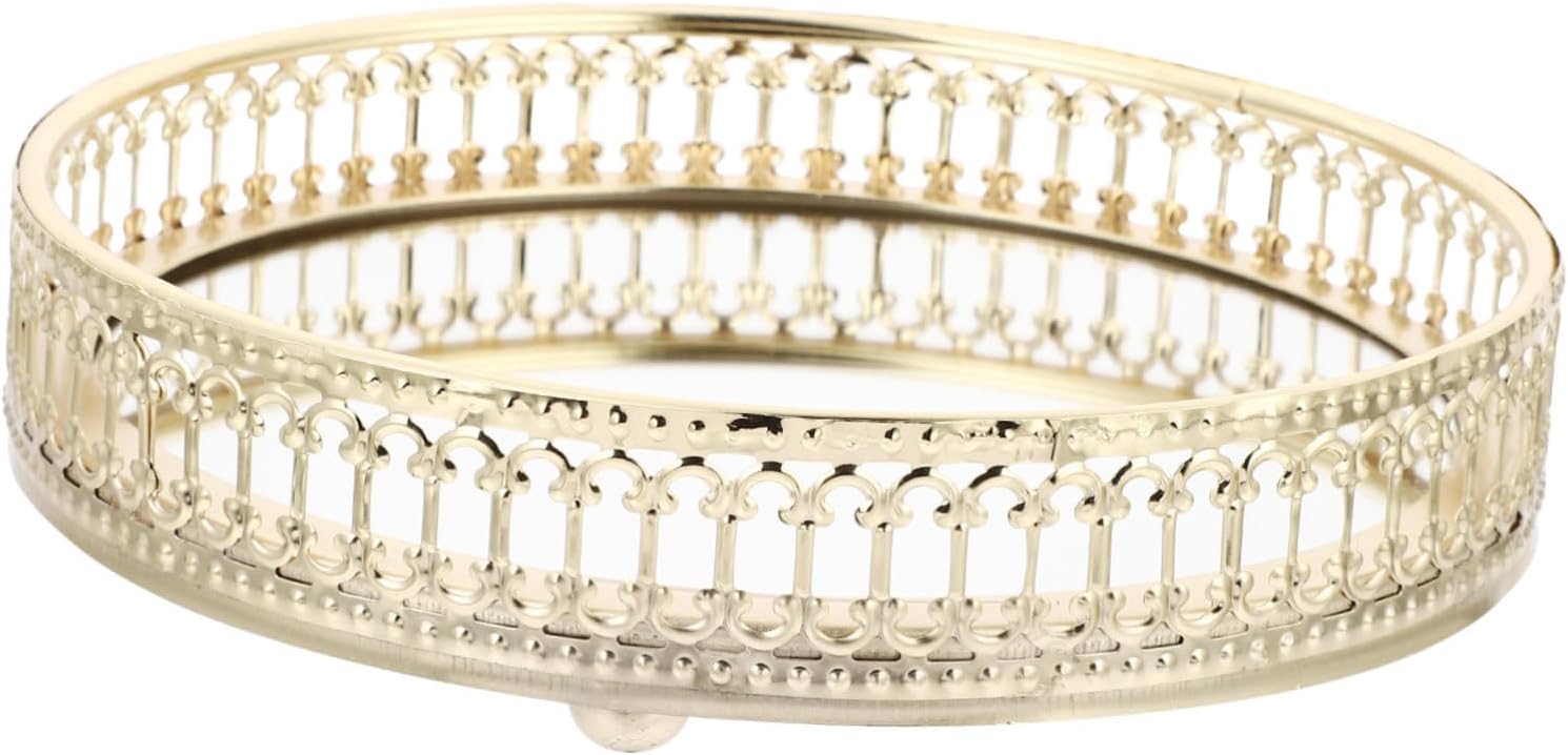 Elegant Gold-plated Jewelry Tray Hollow Design Mirror Storage Display Holder for Cosmetics Rings Necklaces and Fruits Premium and Glass Construction Small for Home Decor