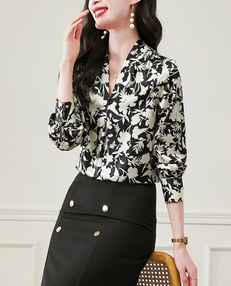 DISSA Blusa de seda para mujer, cuello en V, blusa de manga larga, camisa de seda, camiseta de flores, S3623