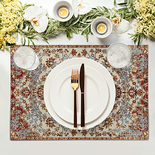 Image of Ethnic Boho Placemats Set of 6 Southwest Brown Blue Carpet Woven Texture Linen Washable Kitchen Dining Table Mats Stain Heat-Resistant Desktop Decor Place Mats for Home Party Indoor 12x18 in