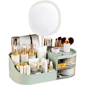 DASITON Make up organiser with mirror make-up brush holder with 2 drawers multifunctional make-up organisers cosmetic storage large cosmetic make-up organiser for bedroom bathroom green